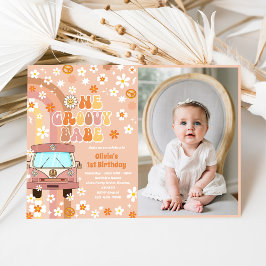 One Groovy Babe Retro Rainbow 1 Birthday Photo Inbjudningar