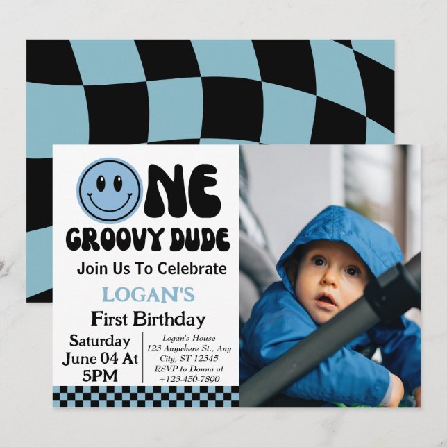 One Groovy Boy 1st Birthday Photo Inbjudningar (Fram/baksida)