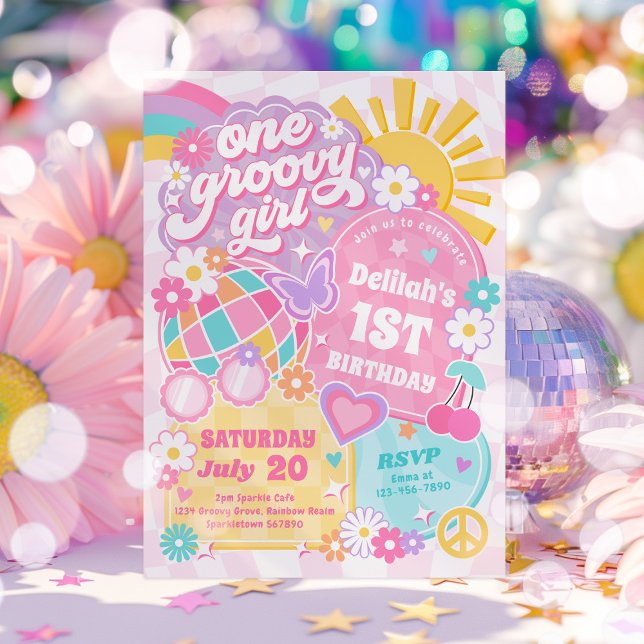 One Groovy Girl Groovy Rainbow 1st Birthday Party Inbjudningar (Skapare uppladdad)