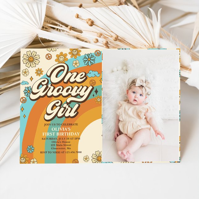 One Groovy Girl Retro Rainbow 1 Birthday Photo Inbjudningar (Skapare uppladdad)