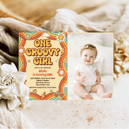 One Groovy Girl Retro Rainbow 1 Birthday Photo Inbjudningar