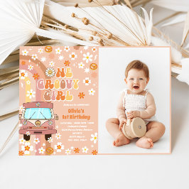 One Groovy Girl Retro Rainbow 1 Birthday Photo Inbjudningar