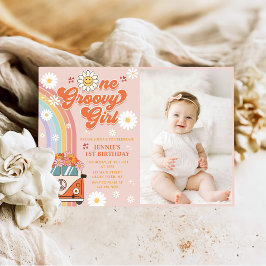 One Groovy Girl Retro Rainbow 1 Birthday Photo Inbjudningar