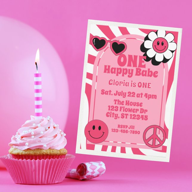 ONE Happy Babe, pink 1st Birthday Inbjudningar (Skapare uppladdad)