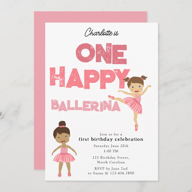 One Happy Ballerina Invite 1st Girl Birthday Inbjudningar (Fram/baksida)