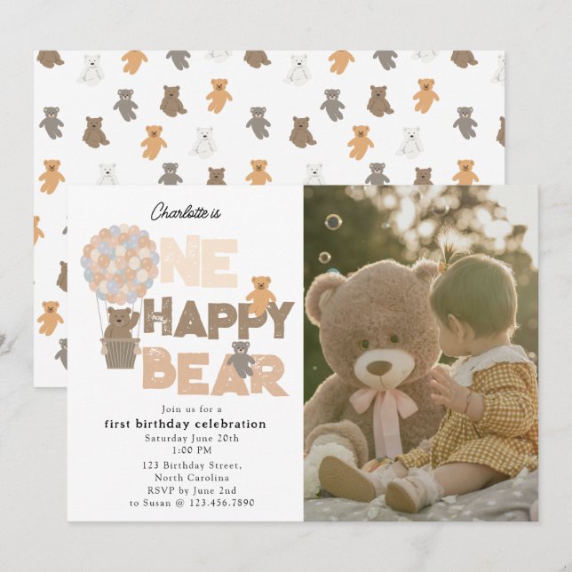 One Happy Bear Invite 1st  First Birthday Photo Inbjudningar (Fram/baksida)