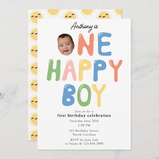 One Happy Boy Birthday Invite 1st Birthday Photo Inbjudningar (Fram/baksida)