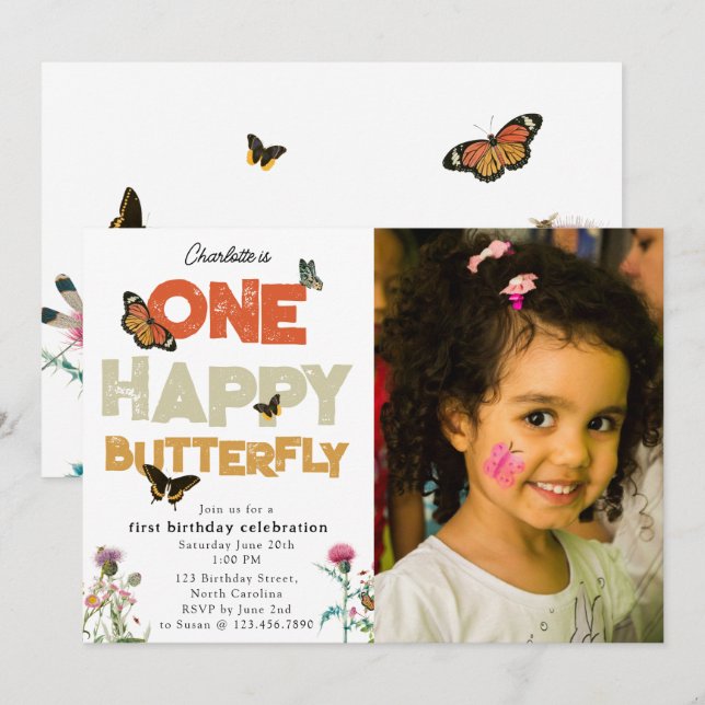 One Happy Butterfly 1st Wildflower Birthday Photo Inbjudningar (Fram/baksida)