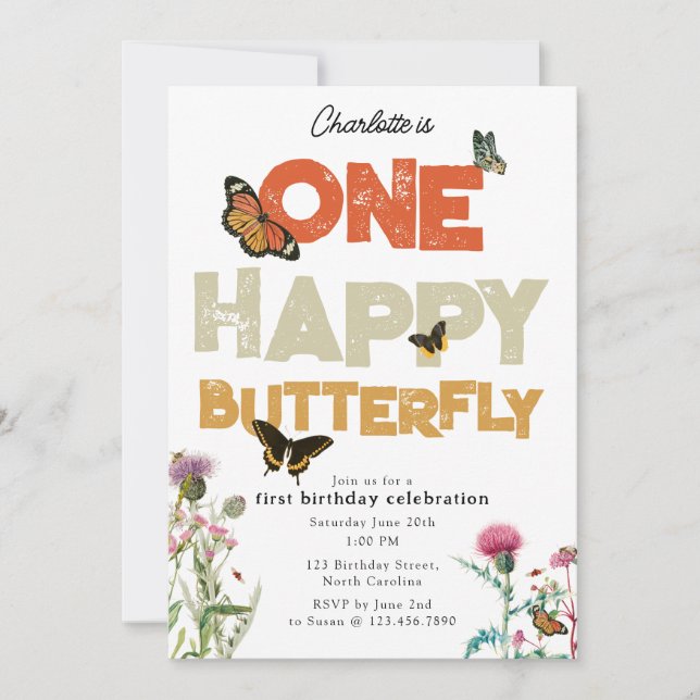 One Happy Butterfly Invite 1st Wildflower Birthday Inbjudningar (Framsida)