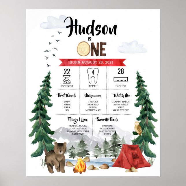 One Happy Camper 1-års födelsedags milstolpsdiagra Poster (Framsidan)