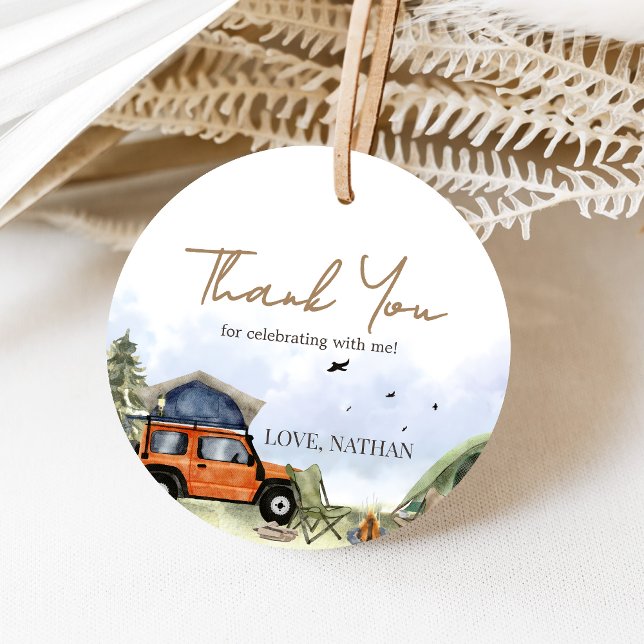 One Happy Camper Camping Boy Birthday Gåvor Etiketter (One Happy Camper 1st Birthday Party Favor Tags)