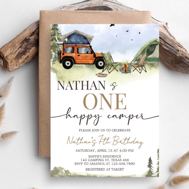 One Happy Camper Camping Boy Birthday Inbjudningar (One Happy Camper 1st Birthday Party Invitation)