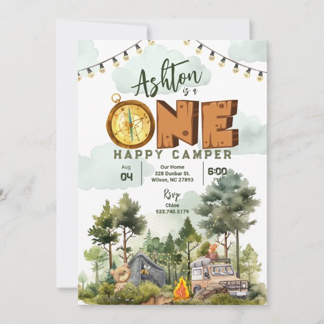 One Happy Camper First Birthday Invitation Inbjudningar (Framsida)
