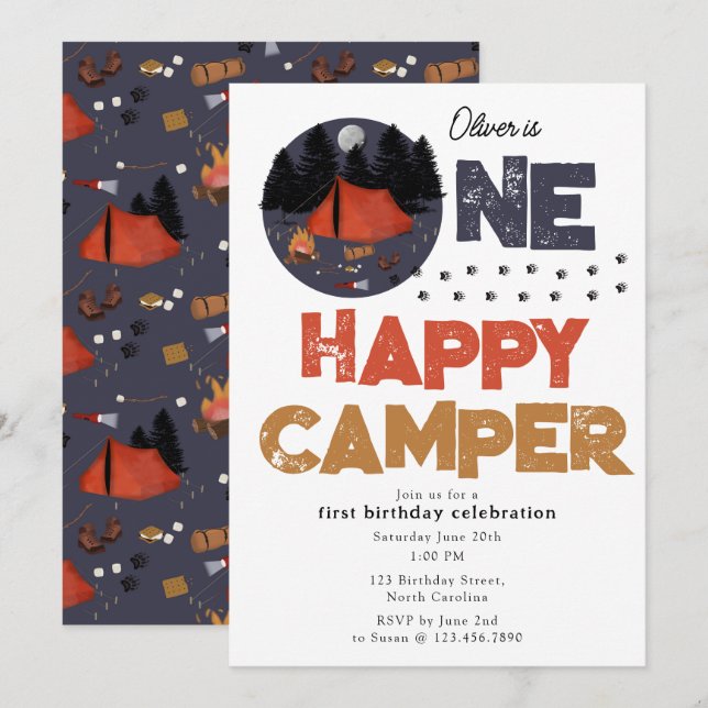 One Happy Camper Inbjudan 1:a sommarens födelsedag (Fram/baksida)
