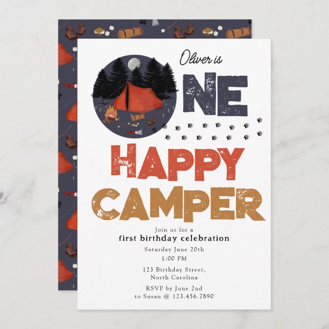One Happy Camper Invite 1st Summer Birthday Inbjudningar (Fram/baksida)
