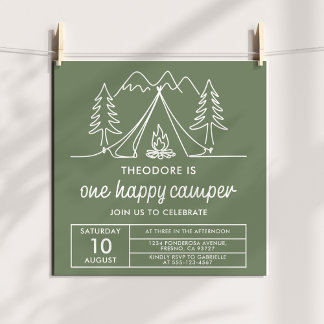 One Happy Camper Minimalist Sage Green Doodle Inbjudningar
