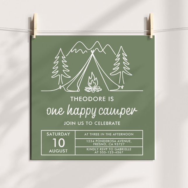 One Happy Camper Minimalist Sage Green Doodle Inbjudningar (Skapare uppladdad)