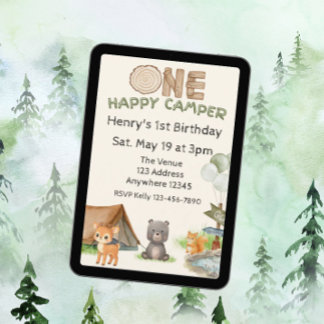 One Happy Camper Wood Watercolor Animal Birthday Inbjudningar