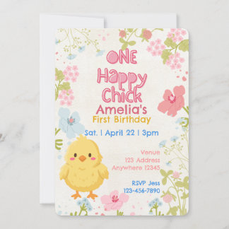 One Happy Chick, Floral 1st Birthday Inbjudningar