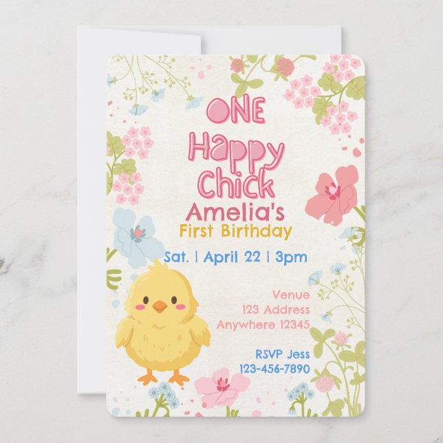 One Happy Chick, Floral 1st Birthday Inbjudningar (Framsida)