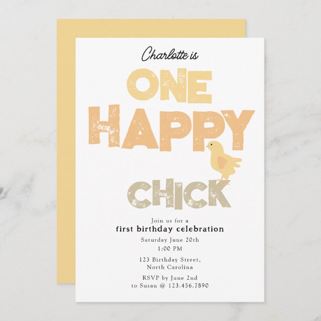One Happy Chick Invite 1st Baby Chicken Birthday Inbjudningar (Fram/baksida)
