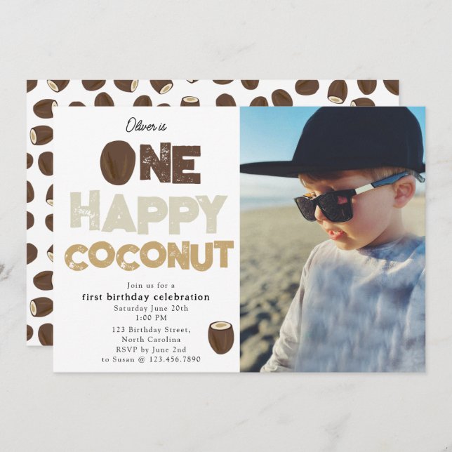 One Happy Coconut 1st Summer Birthday Photo Inbjudningar (Fram/baksida)