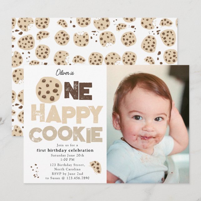 One Happy Cookie Invite 1st  First Birthday Photo Inbjudningar (Fram/baksida)