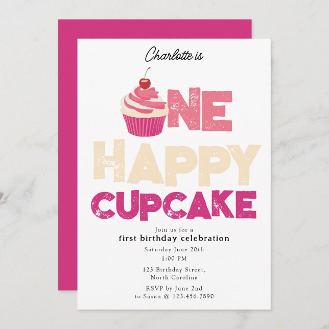 One Happy Cupcake Invite 1st First Birthday Cute Inbjudningar (Fram/baksida)