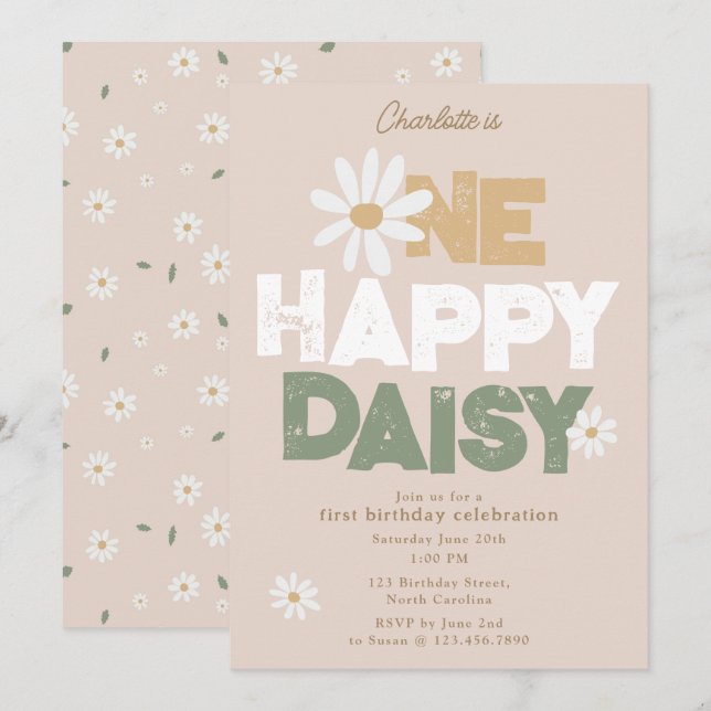 One Happy Daisy Invite 1st  First Birthday Cute Inbjudningar (Fram/baksida)
