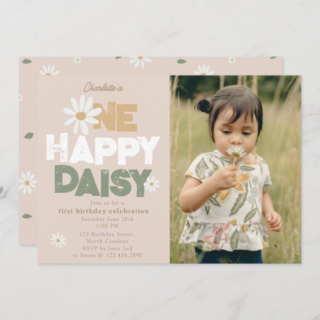 One Happy Daisy Invite 1st  First Birthday Photo Inbjudningar (Fram/baksida)