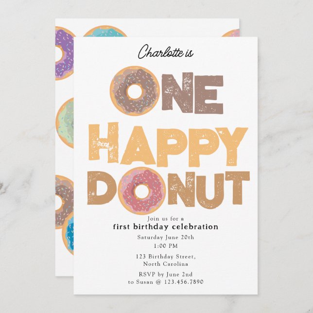 One Happy Donut Invite 1st  First Birthday Cute Inbjudningar (Fram/baksida)