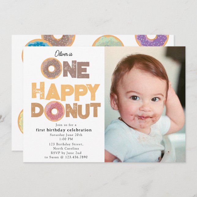 One Happy Donut Invite 1st  First Birthday Photo Inbjudningar (Fram/baksida)