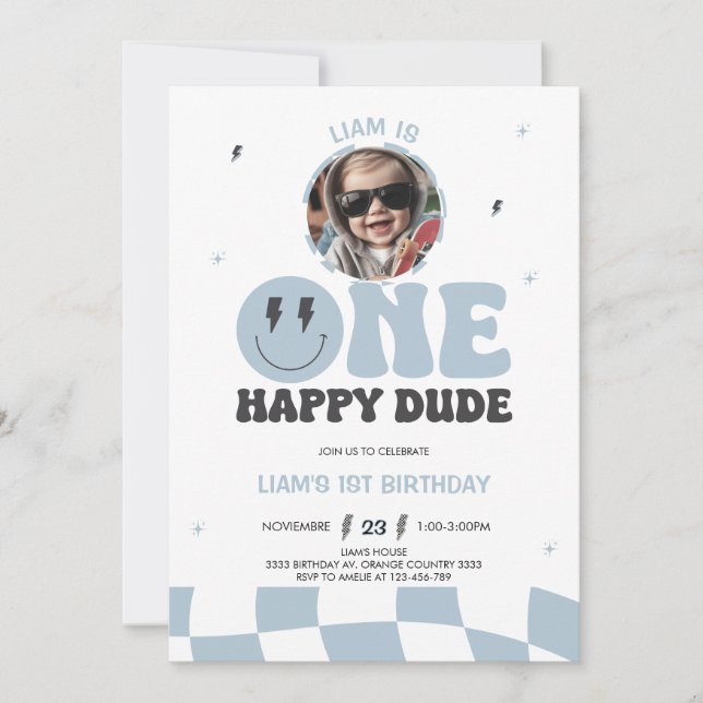 ONE HAPPY DUDE INVITATION, 1ST BIRTHDAY INVITATION INBJUDNINGAR (Framsida)