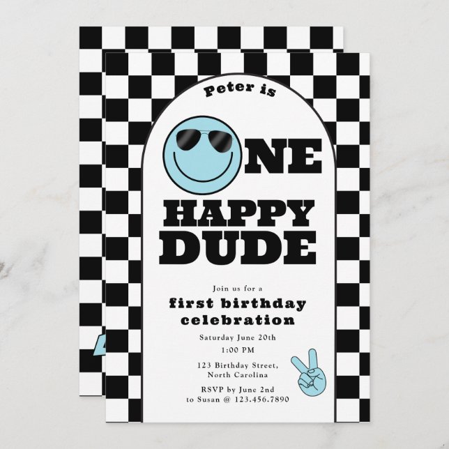 One Happy Dude Invite 1st First Birthday Cute Boy Inbjudningar (Fram/baksida)