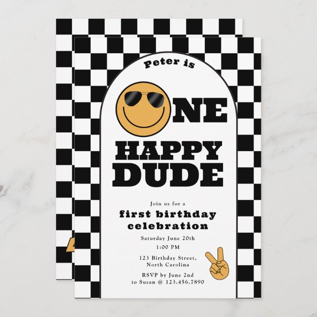 One Happy Dude Invite 1st First Birthday Cute Boy Inbjudningar (Fram/baksida)