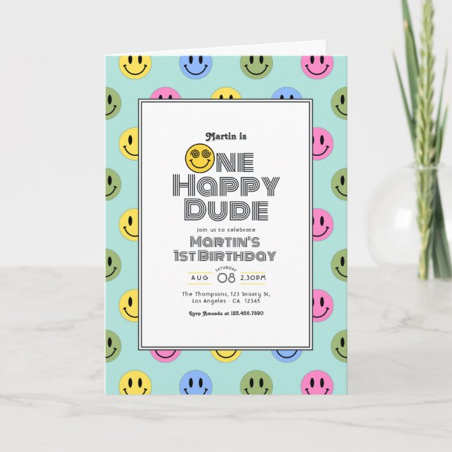 "One Happy Dude" Retro-leende 1-års födelsedagsfes Inbjudan (Framsida)