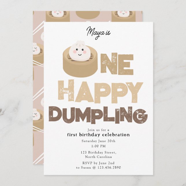 One Happy Dumpling Invite 1st  First Birthday Cute Inbjudningar (Fram/baksida)
