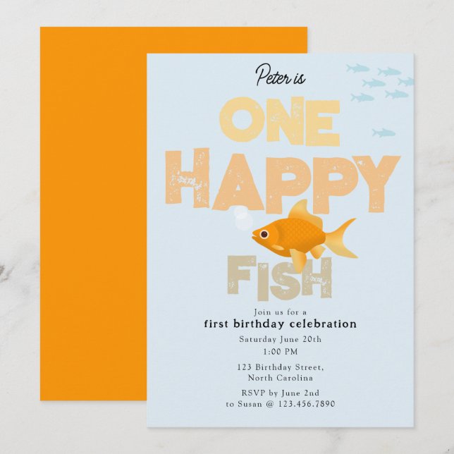 One Happy Fish Invite 1st Boy Girl Birthday Inbjudningar (Fram/baksida)