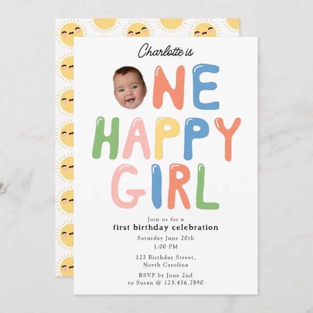 One Happy Girl Birthday Invite 1st Birthday Photo Inbjudningar (Fram/baksida)