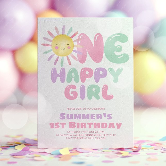 One Happy Girl Sun 1st Birthday Pink Green Inbjudningar (One Happy Girl! Girl's sun 1st birthday invitation in pink, green, purple. )