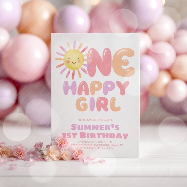 One Happy Girl Sun 1st Birthday Pink Purple Inbjudningar (One Happy Girl! Girl's Sun 1st birthday invitation in pink, orange and purple.)