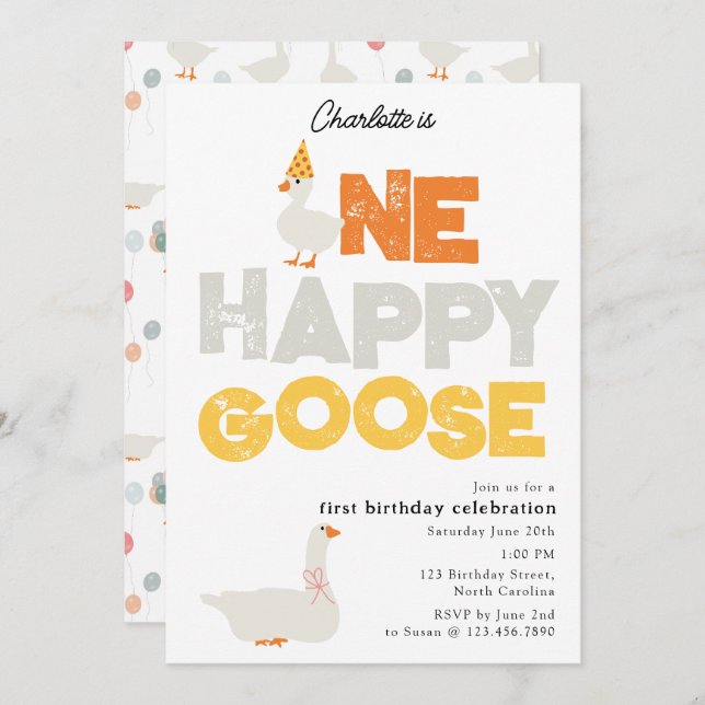 One Happy Goose Invite 1st  First Birthday Cute Inbjudningar (Fram/baksida)
