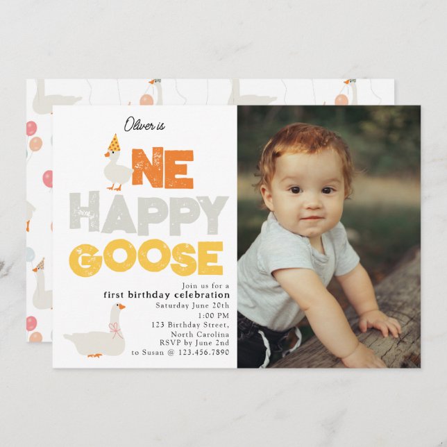 One Happy Goose Invite 1st  First Birthday Photo Inbjudningar (Fram/baksida)