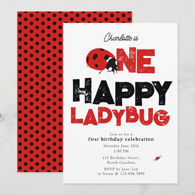 One Happy Ladybug Invite 1st First Birthday Cute Inbjudningar (Fram/baksida)