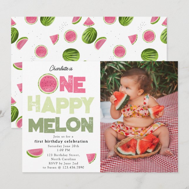 One Happy Melon 1st Summer Birthday Photo Inbjudningar (Fram/baksida)