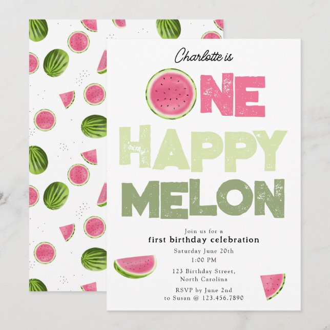 One Happy Melon Invite 1st Summer Birthday Inbjudningar (Fram/baksida)