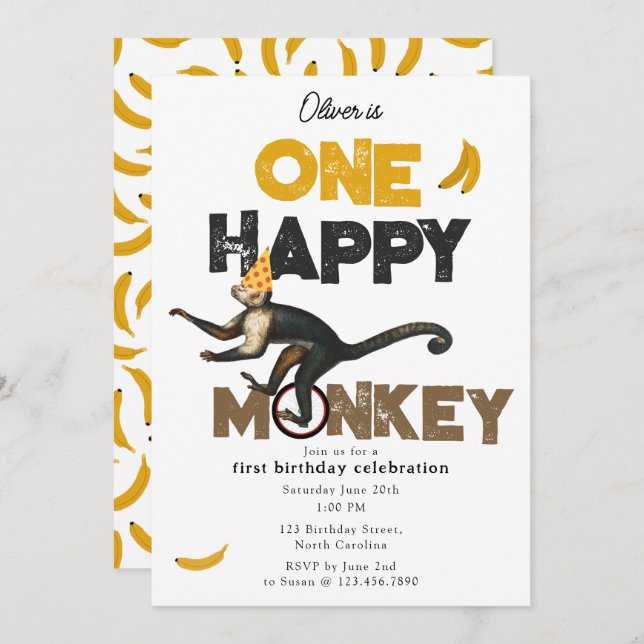 One Happy Monkey Cute Invite 1st First Birthday Inbjudningar (Fram/baksida)