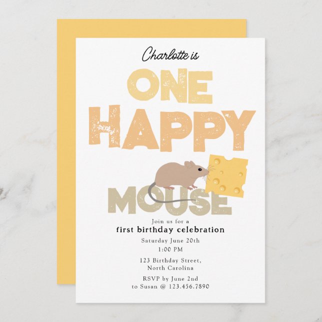 One Happy Mouse Invite 1st Cute Birthday Inbjudningar (Fram/baksida)