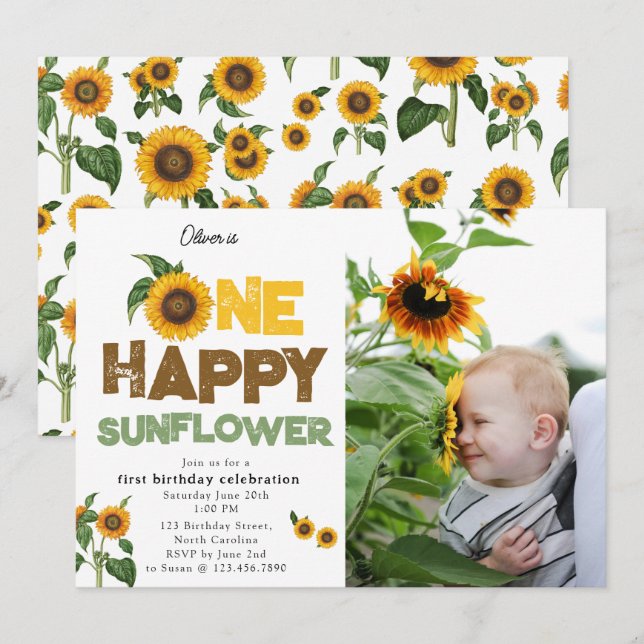 One Happy Sunflower 1st Summer Birthday Photo Inbjudningar (Fram/baksida)