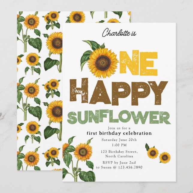 One Happy Sunflower Invite 1st Summer Birthday Inbjudningar (Fram/baksida)